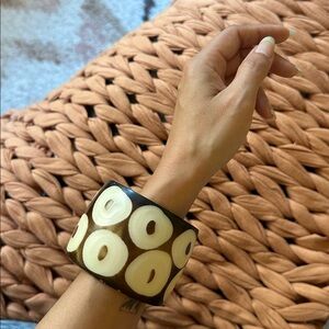 Chunky Brown and Cream Carved Wood Bangle Bracelet